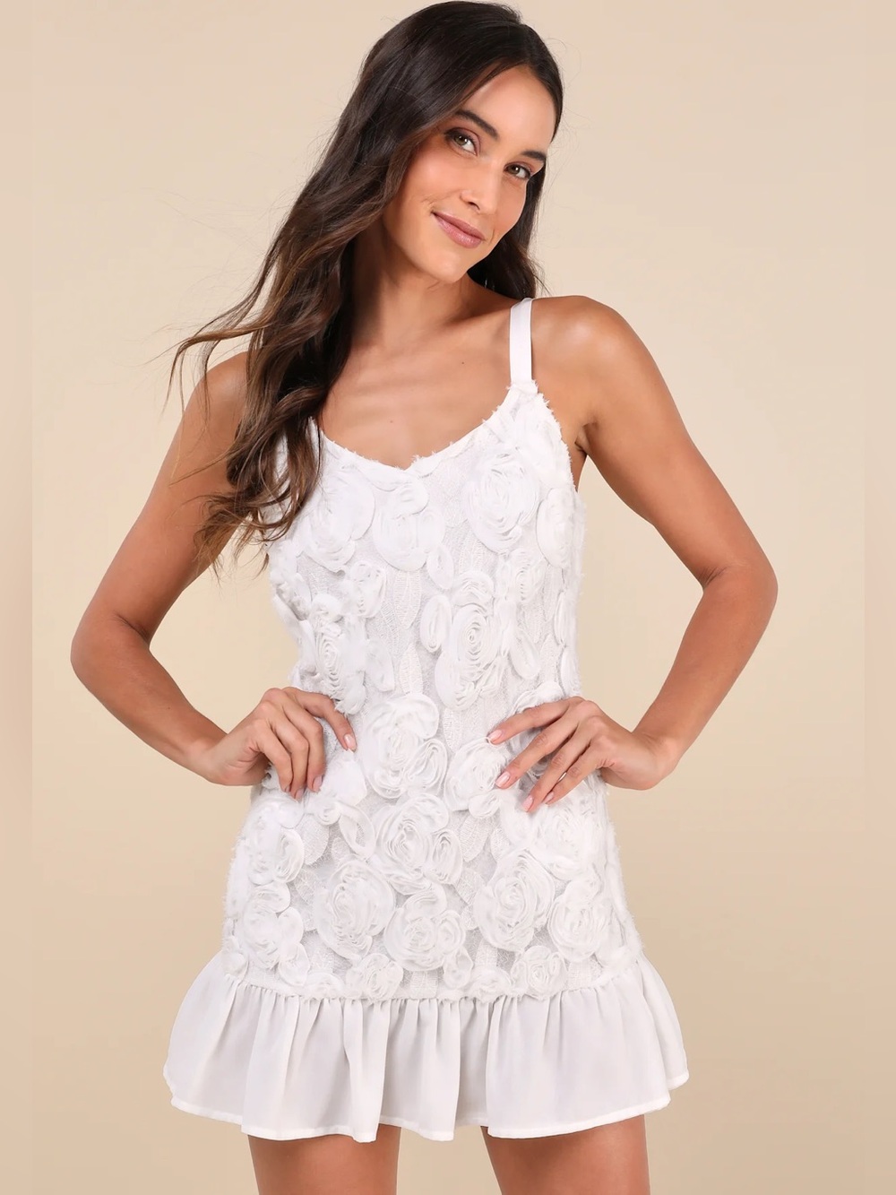Lulus NWT Aesthetic Delight White Rosette Embroidered Shift Mini Dress Size L